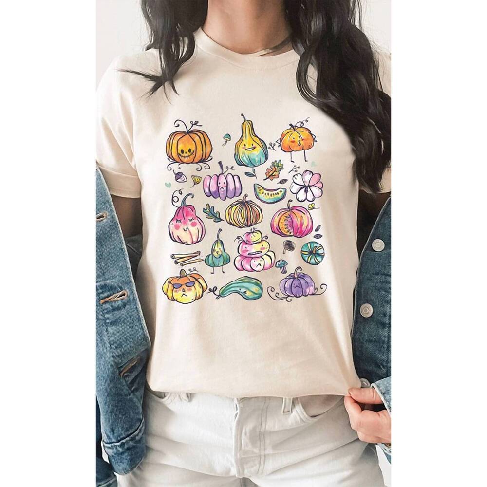 NEW GLITTERING SOUTH colorful pumpkin gourd fall graphic tee in ivory